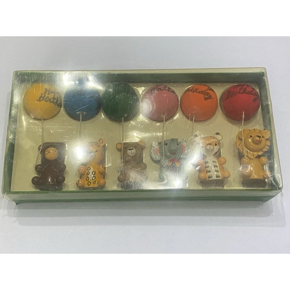 6 Vintage 70's ENESCO Birthday Celebration Animal Figurines w/Balloons Orig Box